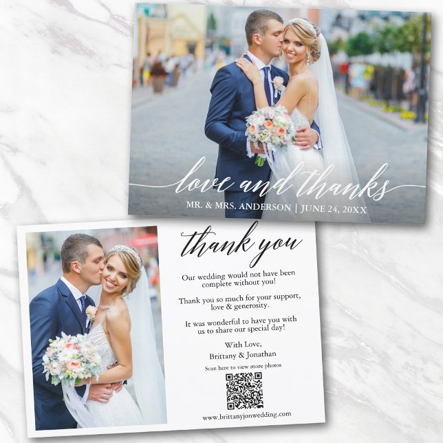 Calligraphy Love Thanks QR Code 2 Photo Wedding Thank You Card (Add your wedding website link to the QR Code so guests can scan & view more of your photos online.)
