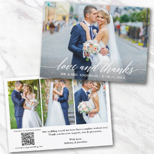 Calligraphy Love Thanks QR Code 4 Photo Wedding Thank You Card