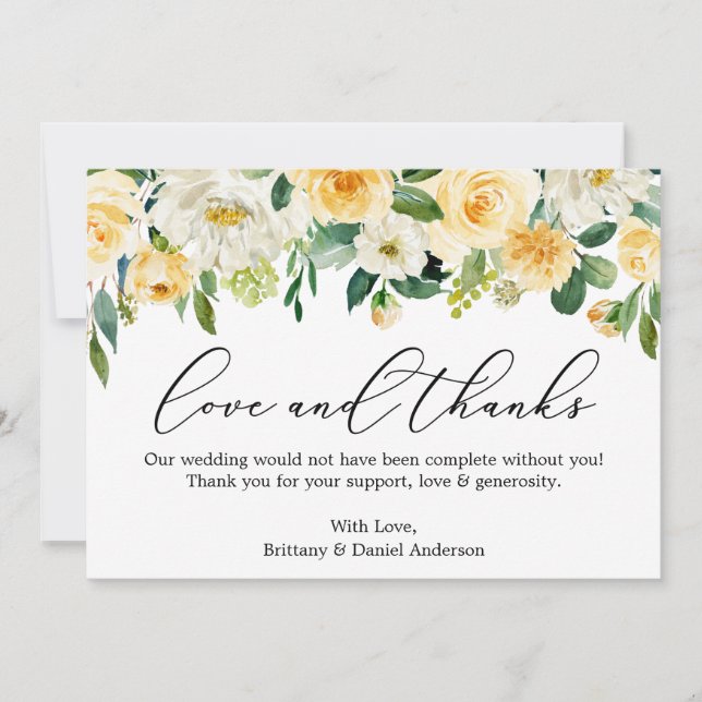 Calligraphy Love Thanks Yellow White Floral Thank You Card (Front)