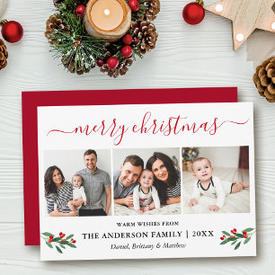 Calligraphy Merry Christmas 3 Photo Red Holly Holiday Card