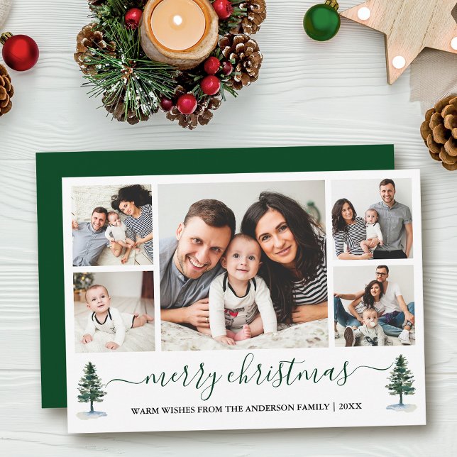 Calligraphy Merry Christmas 5 Photo Green Pines Holiday Card (Customize to add text to back of card or to change color of back of card.)