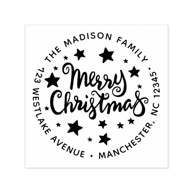 Calligraphy Merry Christmas and stars Address Self-inking Stamp (Design)