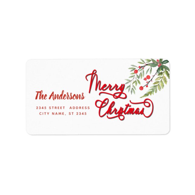Calligraphy Merry Christmas botanical holly  Label (Front)