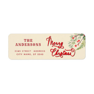 Calligraphy Merry Christmas botanical wreath Return Address Label