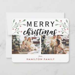 Calligraphy Merry Christmas Cherry Two Photo Card