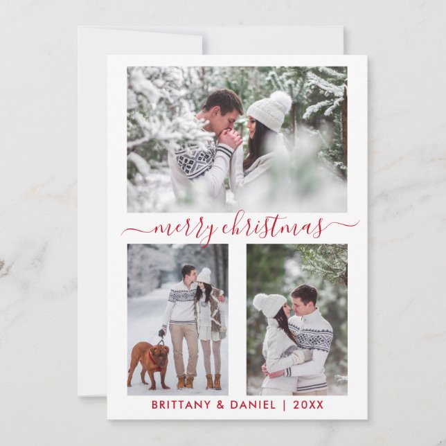 Calligraphy Merry Christmas Couple 3 Photo Red Holiday Card (Front)