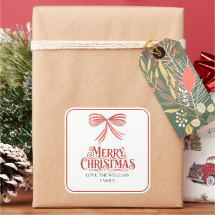 Calligraphy Merry Christmas Family Bow Gift Card Square Sticker