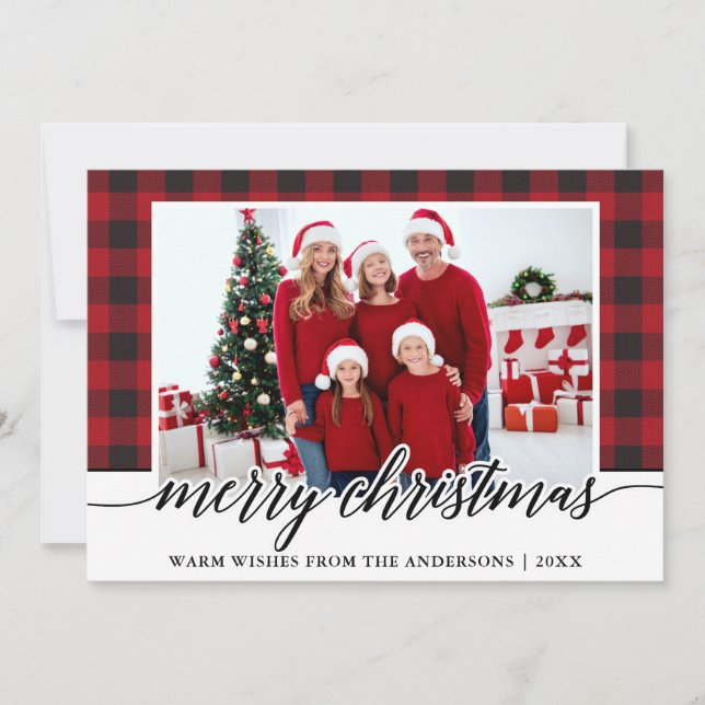 Calligraphy Merry Christmas Family Photo Red Plaid Holiday Card (Front)