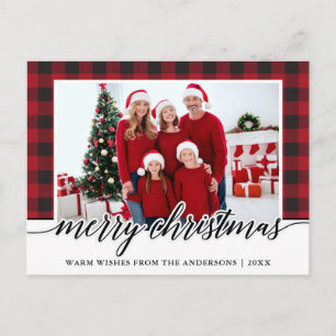 Calligraphy Merry Christmas Family Photo Red Plaid Postcard