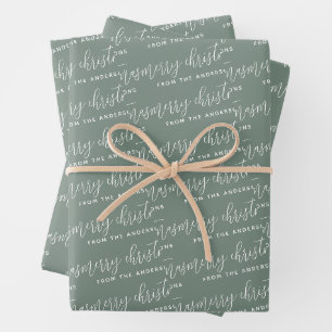 Calligraphy Merry Christmas Family Sage Green Wrapping Paper Sheet