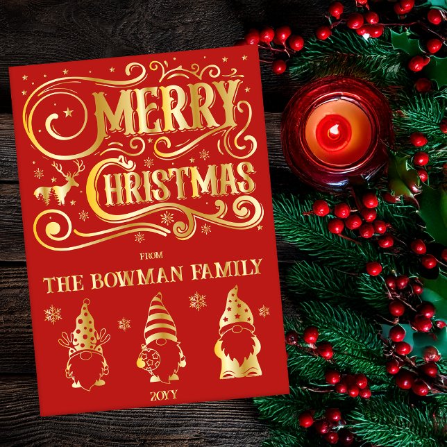 Calligraphy Merry Christmas Gnomes Family Greeting Foil Holiday Card (Vintage Calligraphy Look "Merry Christmas" and Cute Gnome Trio Christmas Holiday Gold Foil Red Card)