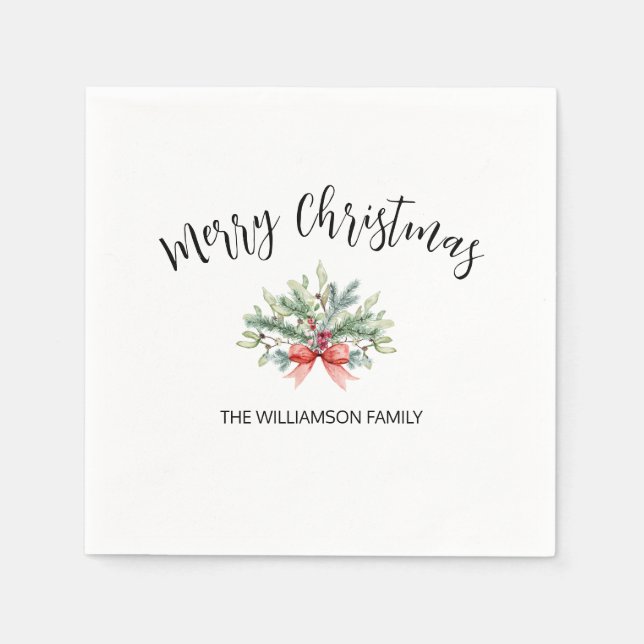 Calligraphy Merry Christmas Greenery Family Napkin (Front)