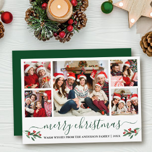 Calligraphy Merry Christmas Holly 5 Photo Green Holiday Card