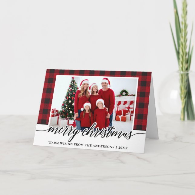 Calligraphy Merry Christmas Photo Plaid Fold Holiday Card (Front)