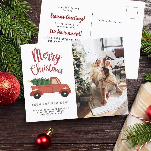 Calligraphy Merry Christmas Tree Red Car Moving Announcement Postcard (Creator Uploaded)