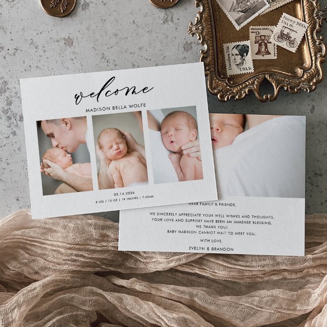 Calligraphy Minimal Photo Baby Announcement Card (Creator Uploaded)