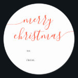 Calligraphy Minimalist Merry Christmas Gift Classic Round Sticker<br><div class="desc">Add a charming and personal touch to your holiday gifts with this delightful Christmas sticker. The heading "Merry Christmas" is elegantly designed in whimsical calligraphy, bringing a playful yet sophisticated feel to your presents. Below the greeting, convenient "To" and "From" fields allow you to effortlessly label your gifts with a...</div>