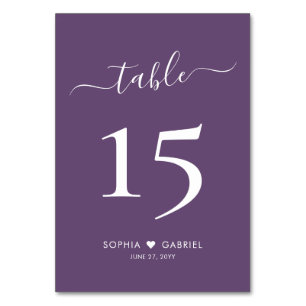 Calligraphy Minimalist Purple Wedding Double Sided Table Number