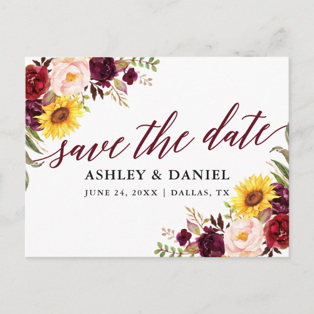 Calligraphy Mixed Floral Burgundy Save The Date Postcard (Front)