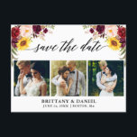 Calligraphy Mixed Floral Save The Date 3 Photo Announcement Postcard<br><div class="desc">Modern Calligraphy Script,  Watercolor Burgundy Floral,  Save The Date Engagement Announcement Couple 3 Photo Postcard includes burgundy roses,  pink roses,  red roses,  sunflowers and botanical greenery.</div>