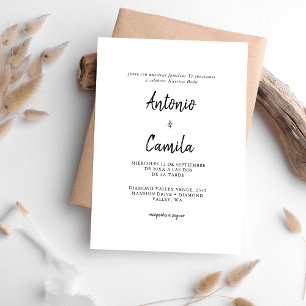 Calligraphy Modern Black & White Spanish Wedding Invitation