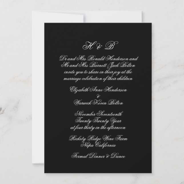 Calligraphy Monogram Black & White Formal Wedding Invitation (Front)