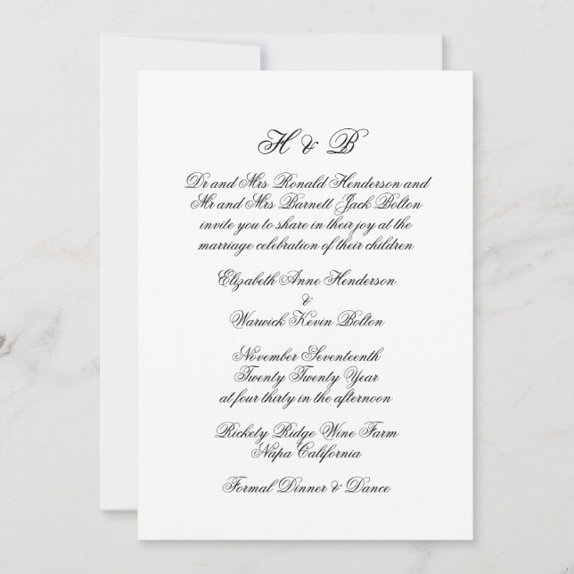 Calligraphy Monogram Black & White Formal Wedding Invitation (Front)