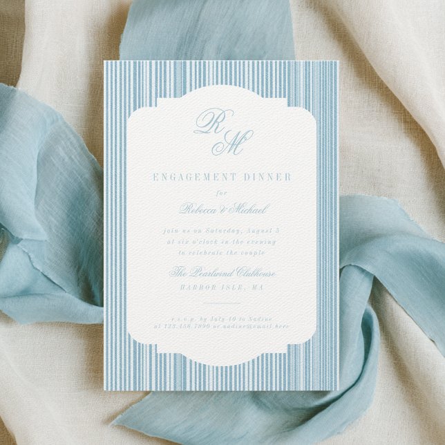 Calligraphy Monogram Blue Stripes Engagement Invitation (Creator Uploaded)