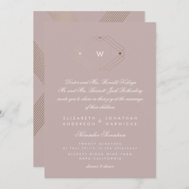 Calligraphy Monogram Gold Foil Taupe Musk Wedding Invitation (Front/Back)