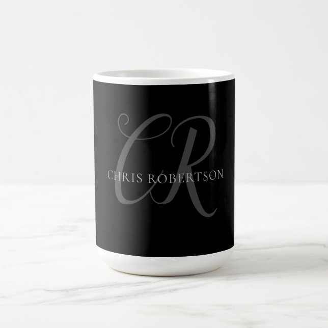 Calligraphy Monogram Name Black Grey Custom Gift Coffee Mug (Center)