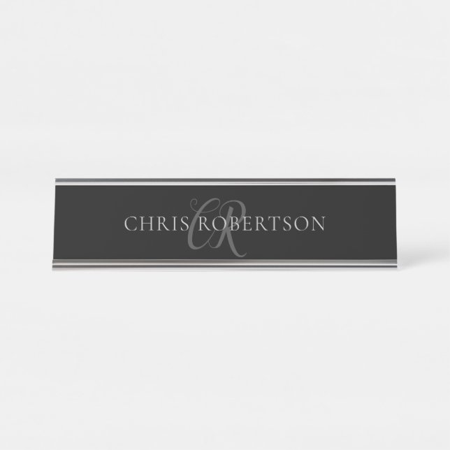 Calligraphy Monogram Name Black Grey Custom Gift Desk Name Plate (Front)