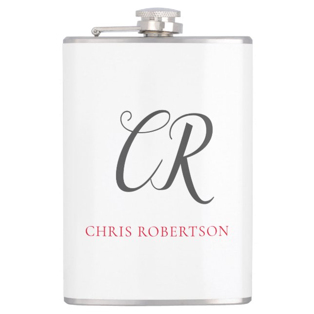Calligraphy Monogram Name Black Grey Custom Gift Hip Flask (Front)