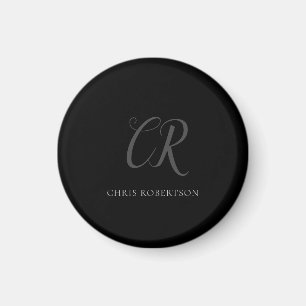 Calligraphy Monogram Name Black Grey Custom Gift Magnet