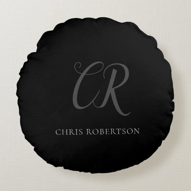 Calligraphy Monogram Name Black Grey Custom Gift Round Cushion (Front)