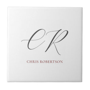 Calligraphy Monogram Name Black White Custom Gift Ceramic Tile