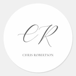 Calligraphy Monogram Name Black White Custom Gift Classic Round Sticker