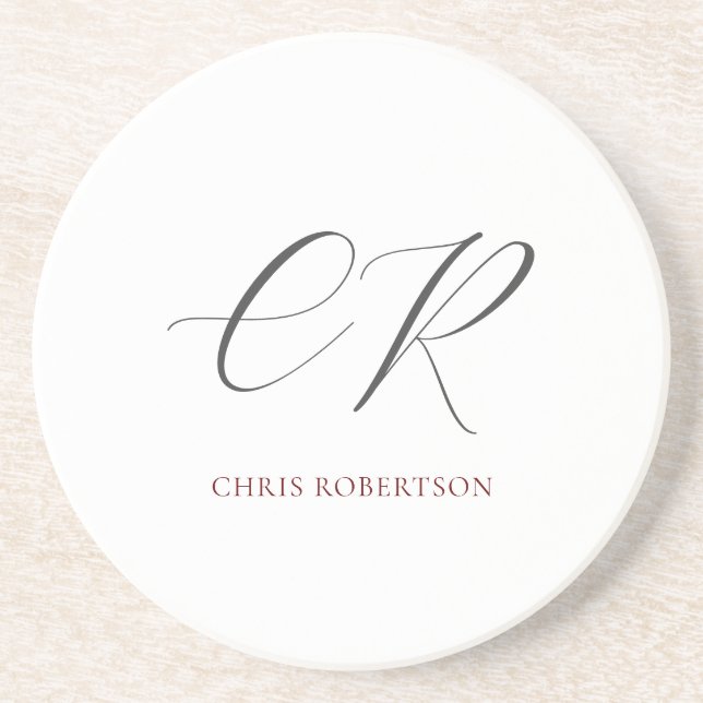 Calligraphy Monogram Name Black White Custom Gift Coaster (Front)