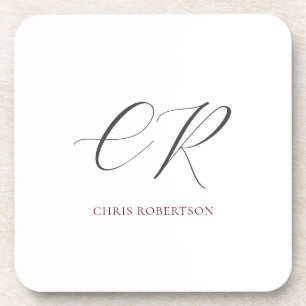 Calligraphy Monogram Name Black White Custom Gift Coaster