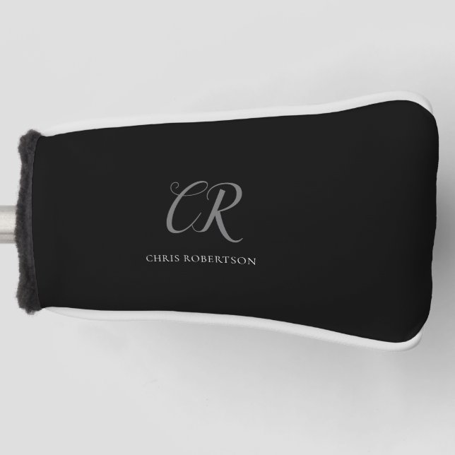 Calligraphy Monogram Name Black White Custom Gift Golf Head Cover (Front)