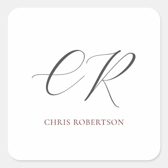 Calligraphy Monogram Name Black White Custom Gift Square Sticker (Front)