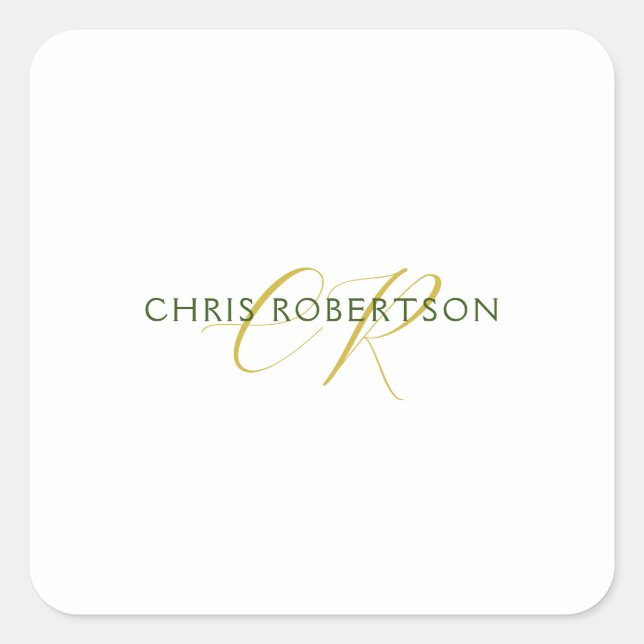 Calligraphy Monogram Name Gold Black White Custom Square Sticker (Front)