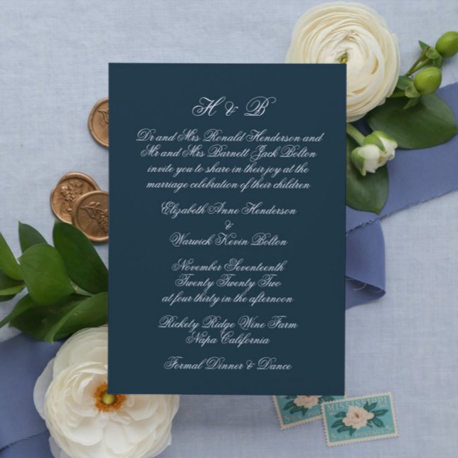 Calligraphy Monogram Navy & White Formal Wedding Invitation (Creator Uploaded)