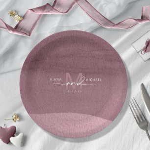Calligraphy Monogram Wedding Mauve ID771 Paper Plate