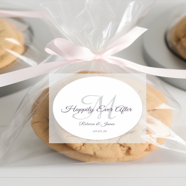 Calligraphy Monogrammed Happily Ever After Wedding Classic Round Sticker (wedding monogram white sticker.)