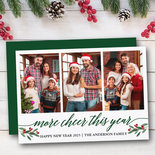 Calligraphy More Cheer This Year 3 Photo Green Holiday Card (Customize to add text to back of card or to change color of  back of card.)