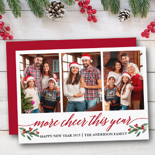 Calligraphy More Cheer This Year 3 Photo Red Holiday Card