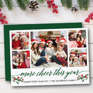 Calligraphy More Cheer This Year 5 Photo Green Holiday Card
