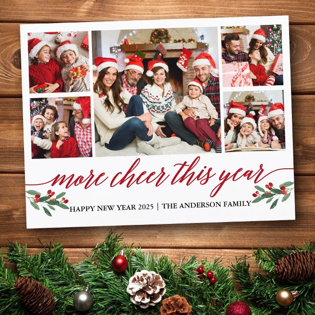 Calligraphy More Cheer This Year 5 Photo Red Postcard (Customize to change your personalized text size or text style.)