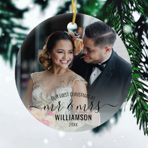 Calligraphy Mr & Mrs   2 Photos Our 1st Christmas Ceramic Ornament
