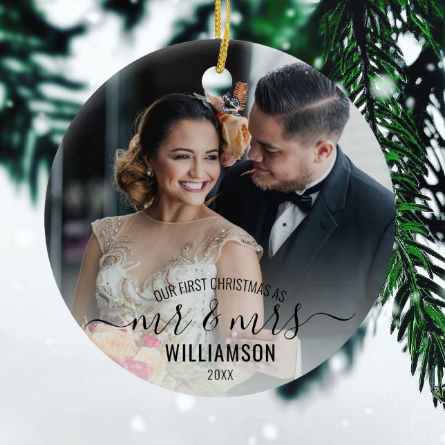 Calligraphy Mr & Mrs | 2 Photos Our 1st Christmas Ceramic Ornament (Creator Uploaded)